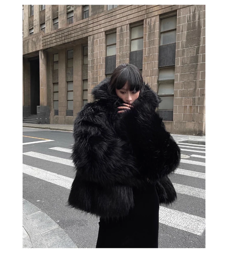 Lautaro Winter Cool Oversized Casual Soft Thick Warm Black Hariy Shaggy Faux Fur Coat Women Turn-down Collar Fluffy Jacket 2023