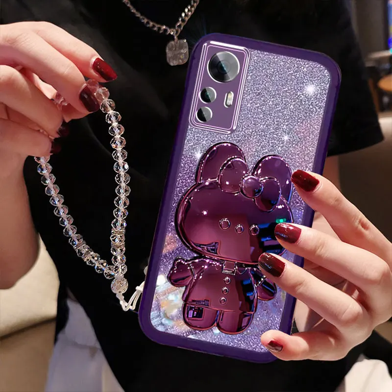 Glitter lanyard Case For Xiaomi 12T,Rabbit mirror Cover For Xiaomi 12T 12 Lite pro Redmi Note12s Holder Protective Lens Case 12T