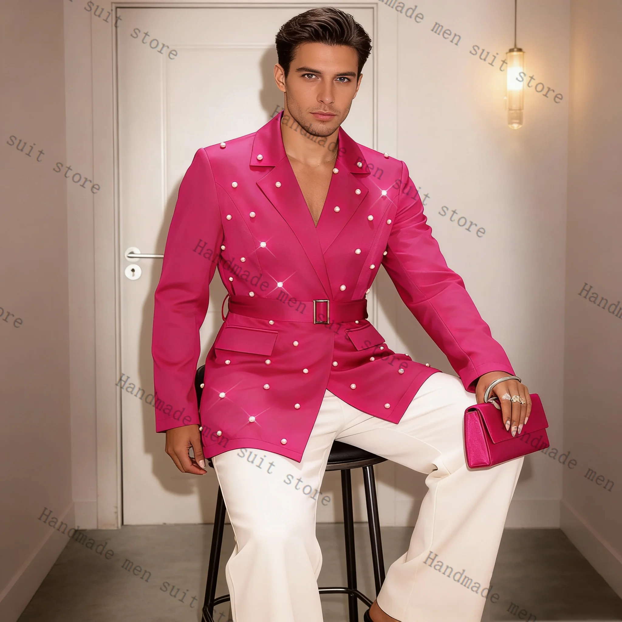 Pearls Pink Men Suit Set 2 Piece Blazer+Pants Belted Spring Prom Wedding Tuxedos Coat Customized Formal Office Fashion Jacket