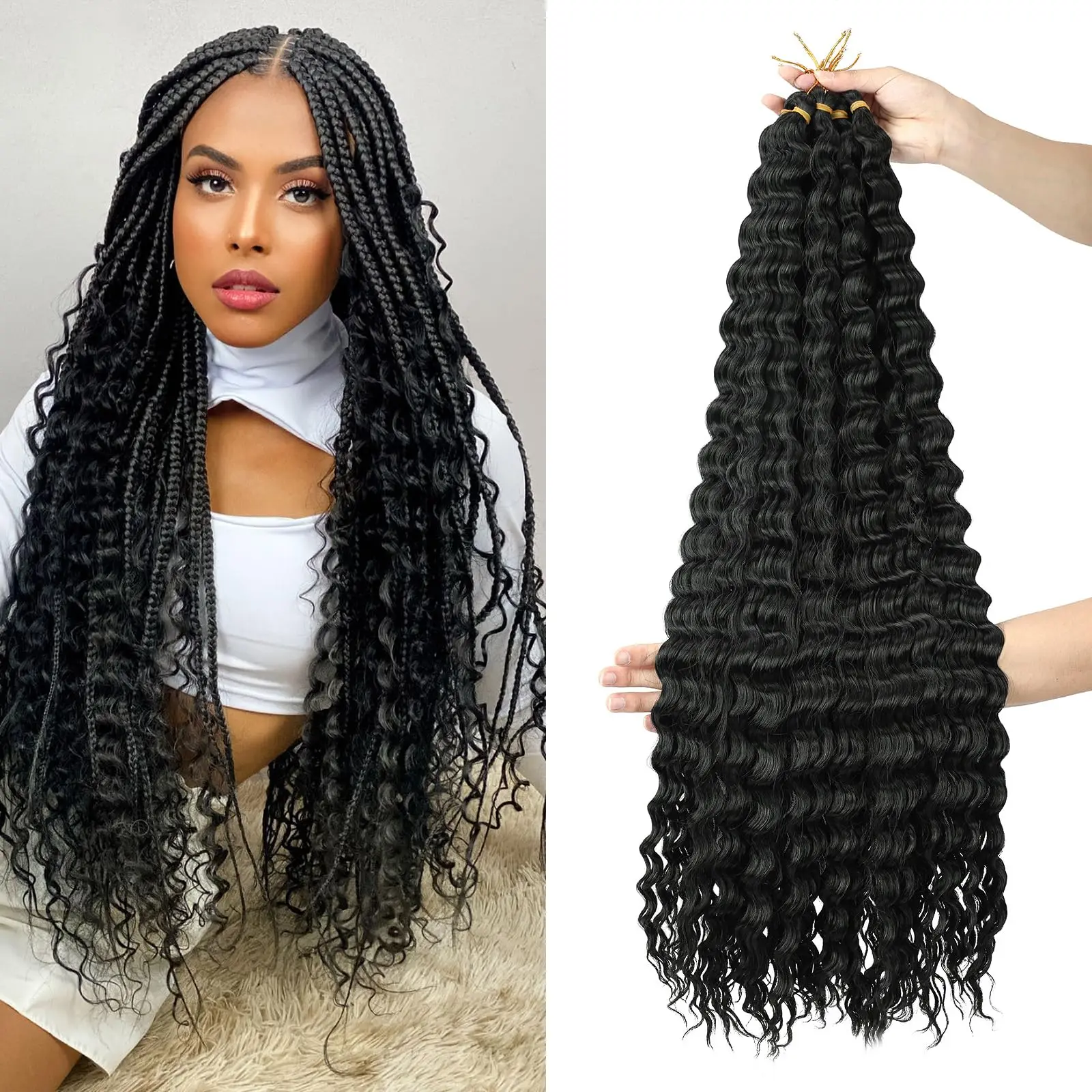 

Synthetic Ocean Wave Crochet Hair 22 inch Long Black Deep Wave Curly Braiding Hair Soft Curly Crochet Hair For Women