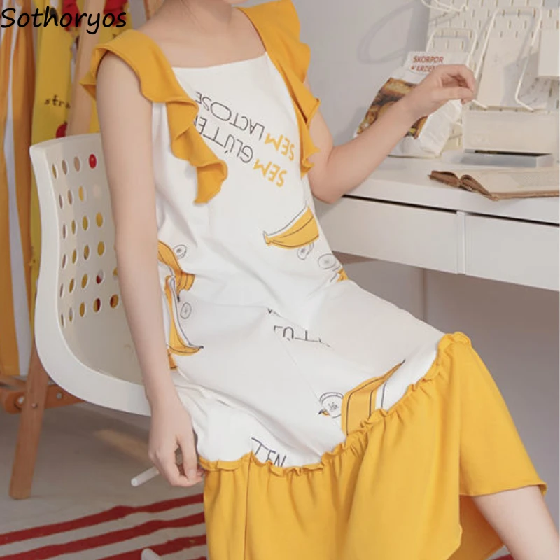

Women Sleeveless Nightgowns Printed Ruffles Students Sweet Cute Casual Sleepwear Summer Thin Nightdress Home Lounge Korean Soft