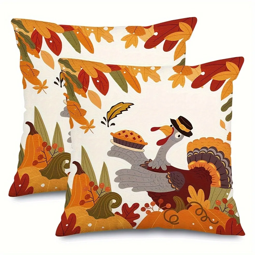 2pcs Thanksgiving Turkey Pie Pillowcases 18x18 Inch Square Decorative Covers with Zipper Closure Autumn Fall Table Decor