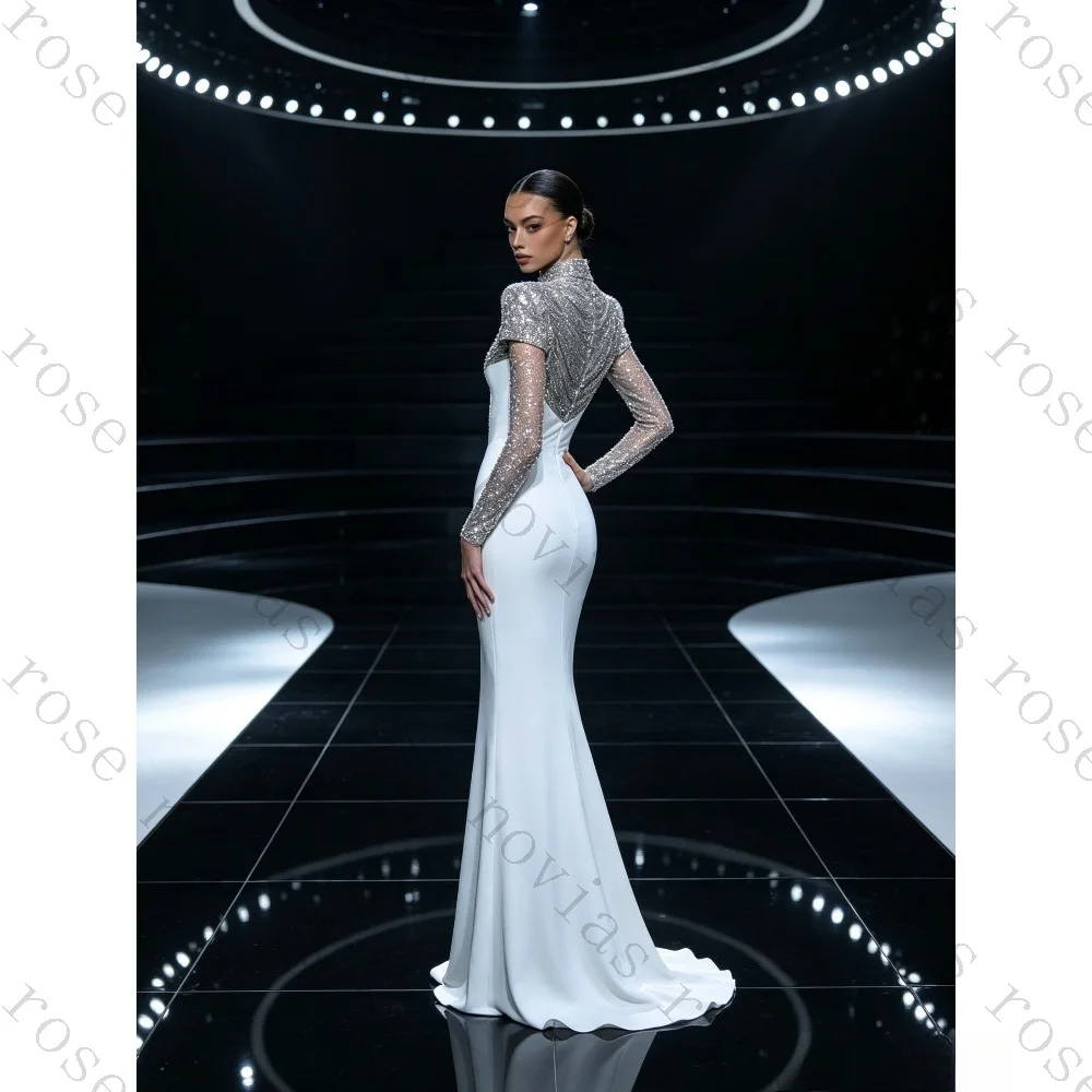 Customized Elegant High Neck Silver Crystal Cap Sleeves Satin Mermaid Bridal Gown Floor Length Wedding Dress Vestido De Novia