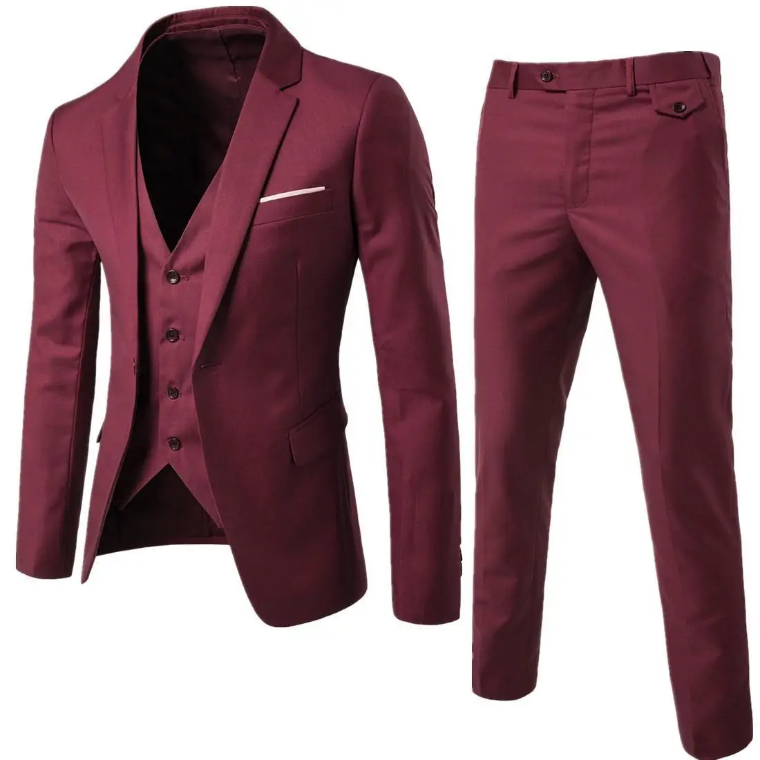 Four-season Men\'s Business Casual Suits Three-piece, V-neck Single-breasted Waistcoat, Single-button Suit Jacket + Suits Pants