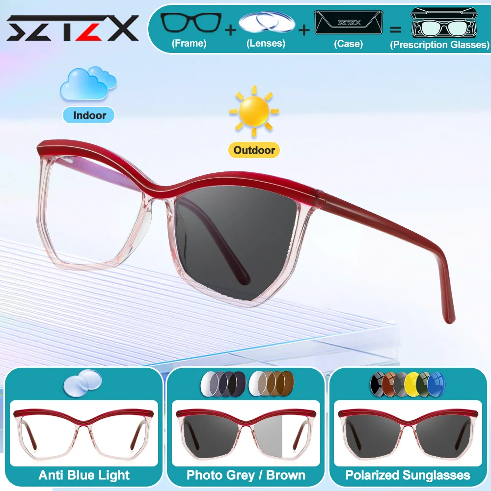 

SZTZX Business Minimalist Polygon Women Myopia Photochromic Glasses Anti Blue Light Progressive Prescription Reading Eyeglasses