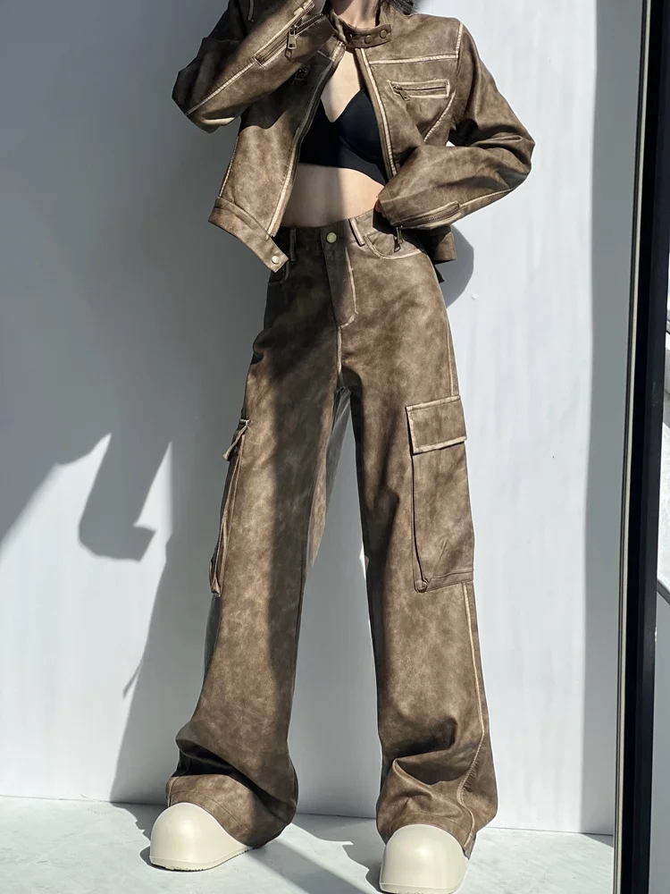 レトロアメリカンブラックレザージャケットショートスタイルレディースファッションストリートウェア春秋クールセクシートップトレンディショルダーパッド