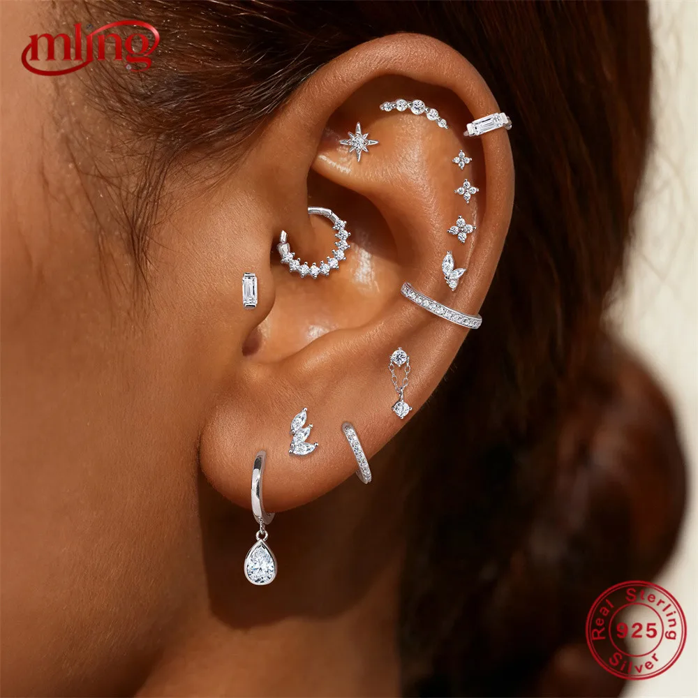 

MLING 1PC Moissanite 925 Sterling Silver Octagonal Star Geometric Flat Head Thread Piercing Ear Bone Nails For Women INS Earring
