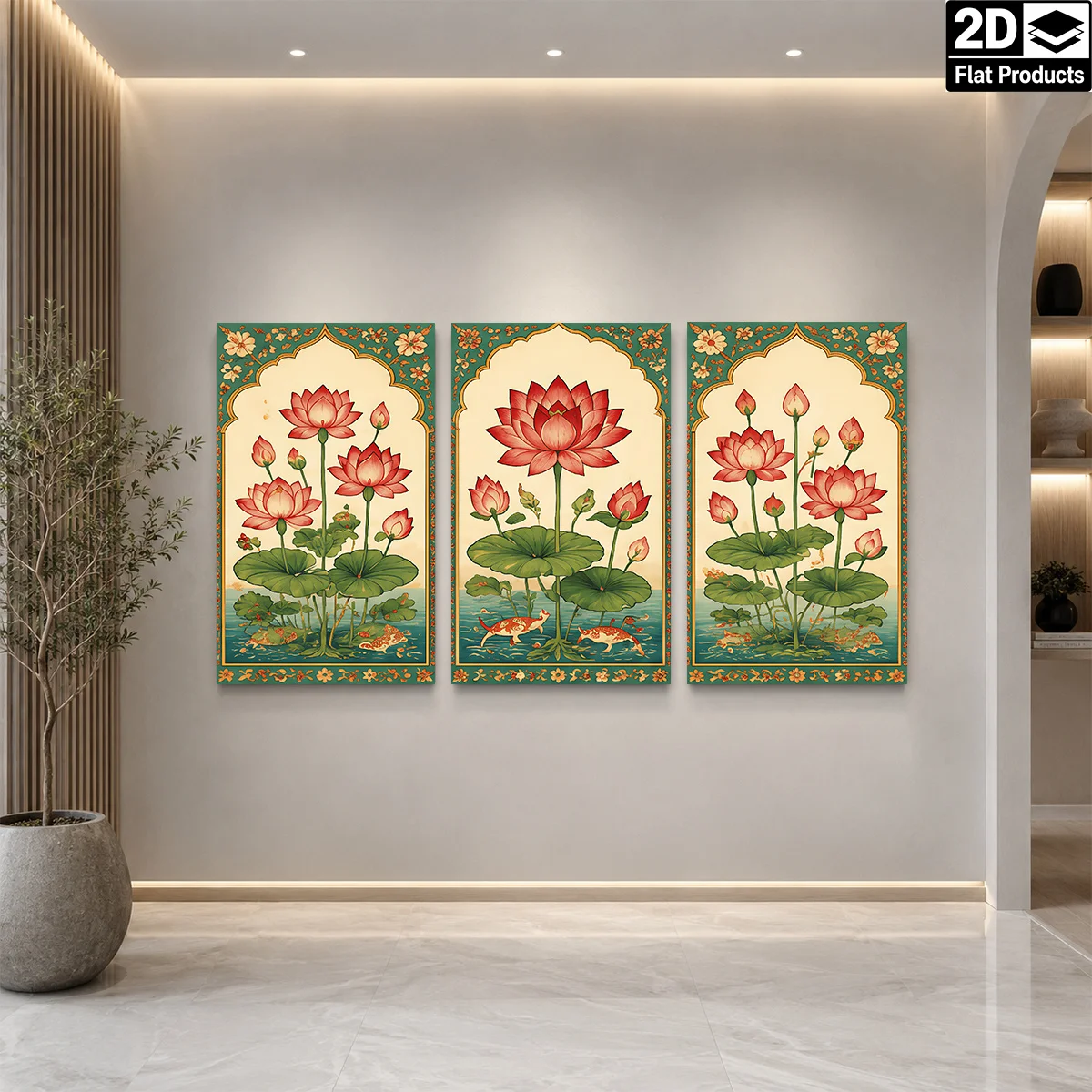 Frameless canvas 2D Flat 3pc  Wall Art – Three panels with red lotus flowers green leaves and gold fish in water perfect for