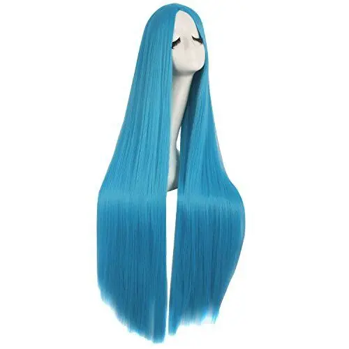 Kostum Wig Anime panjang halus 40 inci/100cm (biru Cyan)