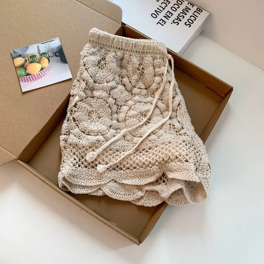 Beach Vacation Bohemian Hollow out Knitted Shorts Women's Waist Belted Straight Leg Pants High Waist Three Quarter Length