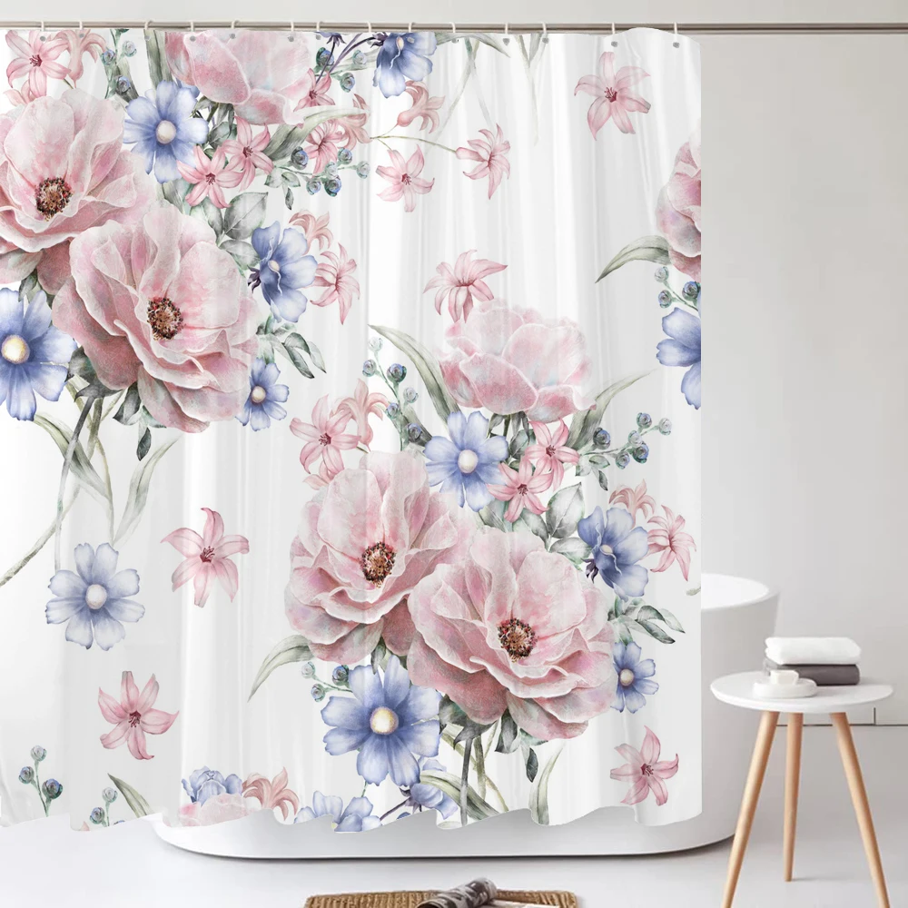 Elegant Flowers Shower Curtain 180x180cm Floral Printed Shower Curtain Polyester Bath Curtain Bathroom Decor Washable With Hooks