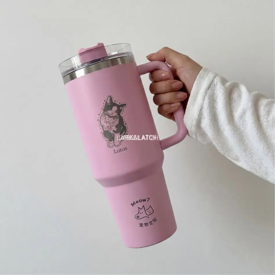 40oz Custom Pet Tumbler with Handle Personalized Photo Travel Mug Stainless Steel Vacuum Insulated Car Cup Dog Mom Gift