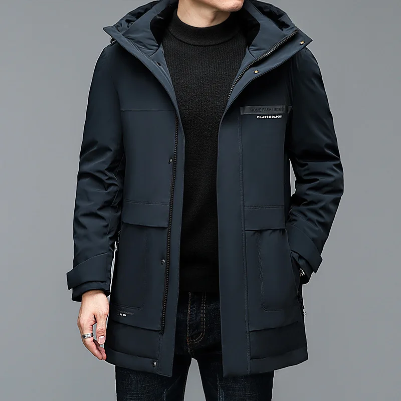 Down Jacket Men's Mid Length Hooded Winter New Thickened Cold and Warm Work Jacket