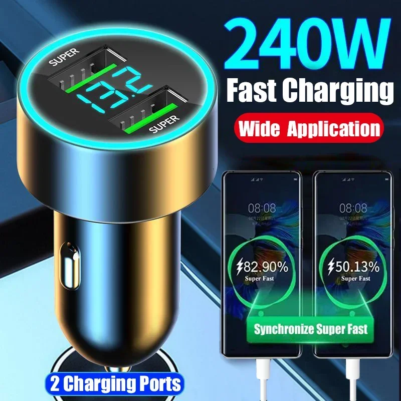 Chargeur de voiture à charge rapide avec affichage numérique, 2 ports USB, adaptateur pour iPhone, Samsung, Xiaomi, 240W