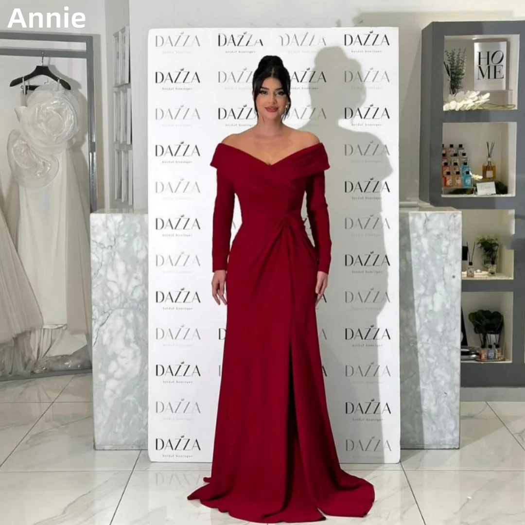 Annie Red Wedding Dress Elegant Ladies Long Sleeve Prom Dresses Wrinkles Mermaid Formal Occasions فساتين سهرة Customized