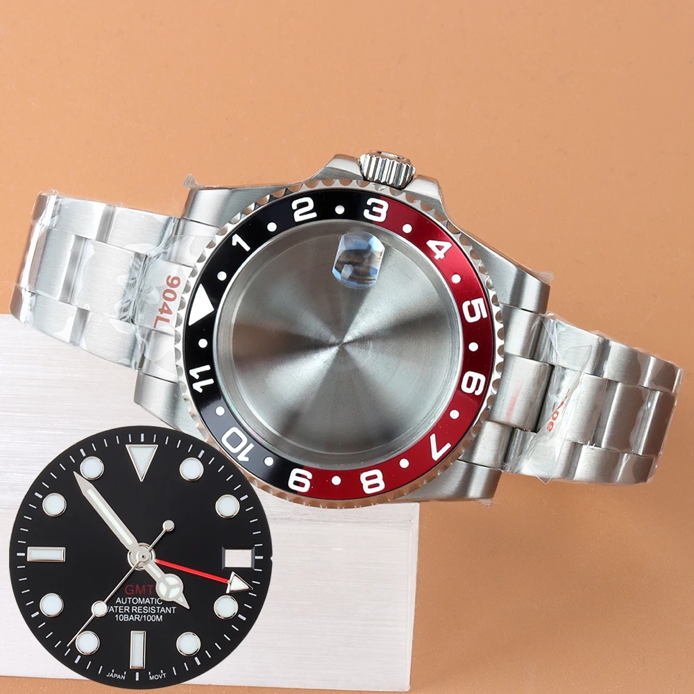 

28.5mm Dial Hands NH35 40mm Case Sapphire glass For GMT Dial Case Set For NH35 NH36 NH38 NH34 Movement Brushed Oyster Bracelet