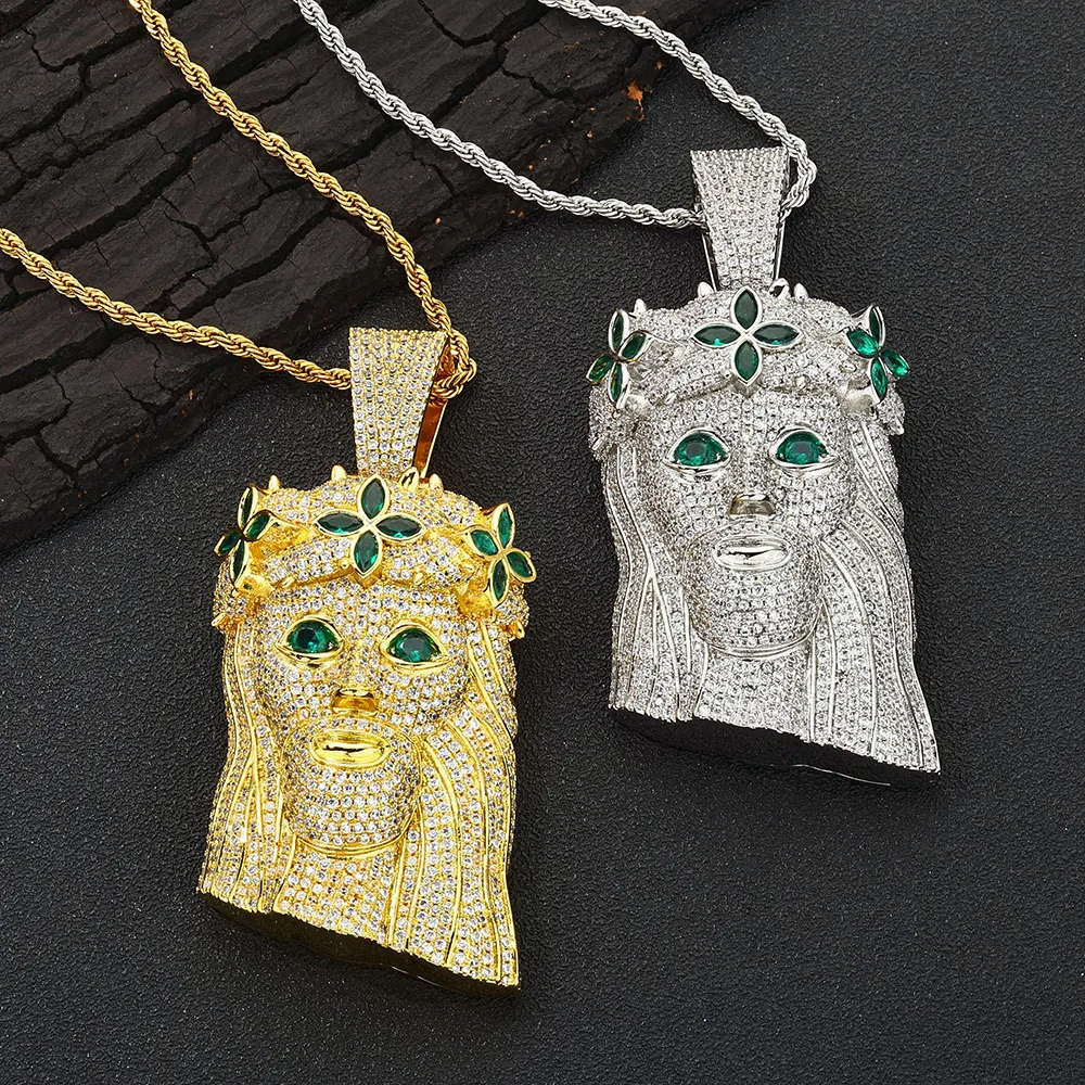 

Diamond Jesus Pendant Emerald Green Necklace Accessory Men's Hip-hop Flower Crown Big Jesus Ice out 18K Gold-plated Jewelry