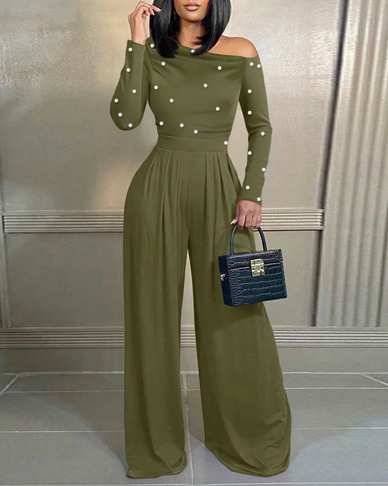 Women Solid Off Shoulder Pearl Embellished Long Sleeve Jumpsuit Autumn Fashion High Waist Wide Leg Elegant Commuter Romper