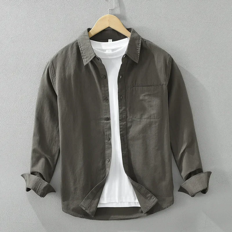 

Korean Style Long Sleeve Mens Shirt Daily Casual New in Shirts Male Lapel Soft Pure Cotton Green Shirt with Pocket Simple Tops