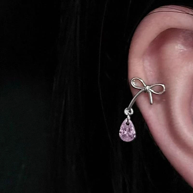 Cute Pink Zircon Cat Stainless Steel Ear Bone Nail Water Droplet Pendant Small Earrings for Women Cochlear Puncture Accessory