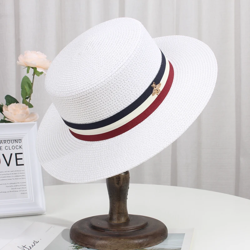 Sun Hats for Women French Flat Brimmed Straw Hat Women\'s British Flat Top Leisure Vacation Panama Beach Cap Chapeu Feminino