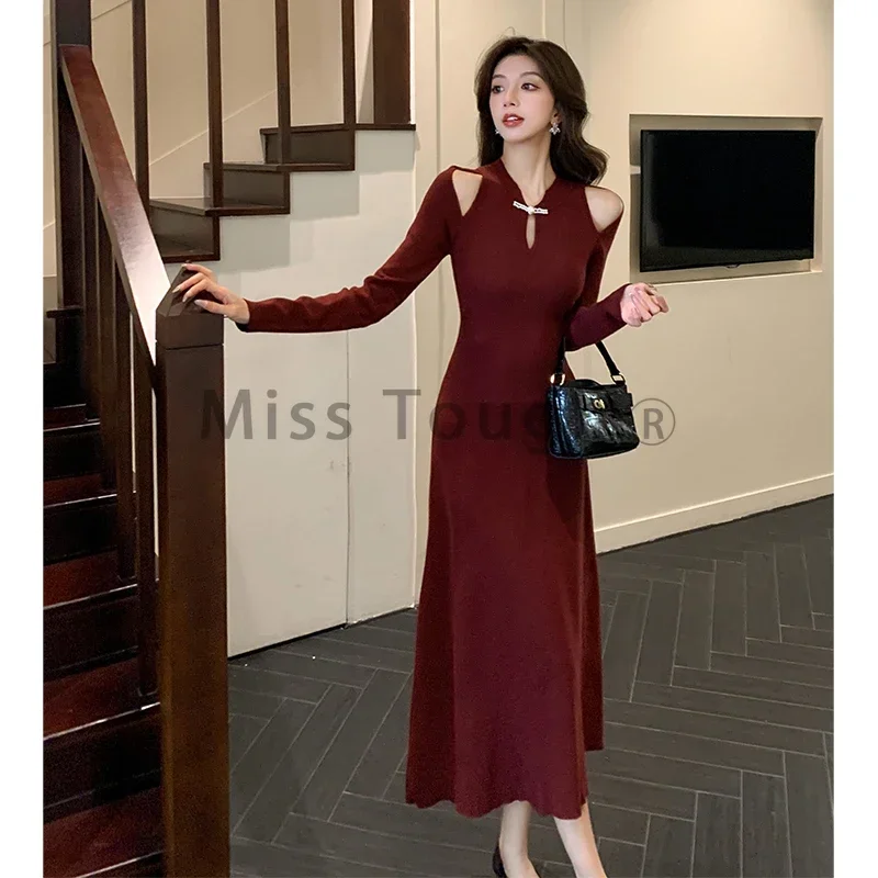 Autumn Knit Sexy Vintage Elegant Midi Dress Woman Hollowout Slim Design Retro Harajuku Dress Female Solid Chic Casual Clothing