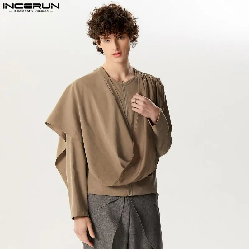 2024 Men Irregular T Shirt Solid Zipper O-neck Long Sleeve Fashion Casual Men Clothing Streetwear Personality Camisetas INCERUN