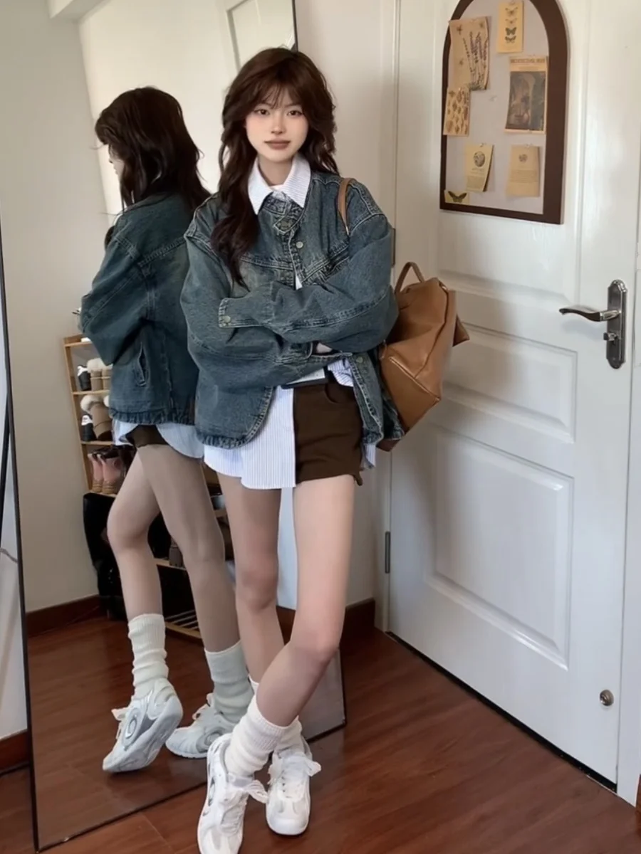 سترات دينم للسيدات للنساء متوسطة لامعة رعاة البقر يؤرخ جلد مطابقة المدرسة البديلة سايبر سبليت معطف الشارع البرتقالي البضائع #2