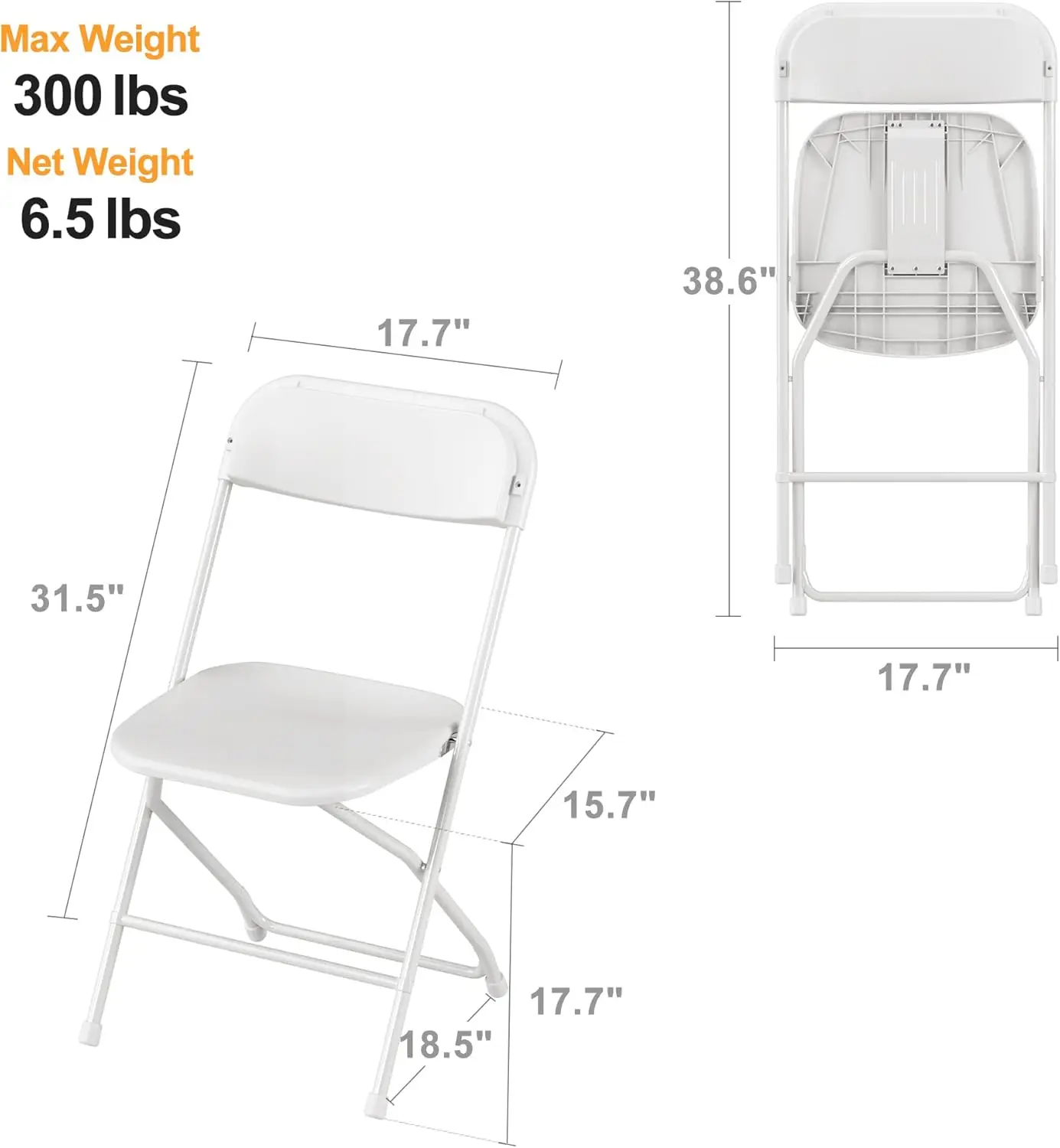 Cadeira dobrável de plástico com moldura de aço, 300lb Capacidade, cadeira comercial portátil, interior, casa, escritório, festa de casamento, 10 Pack