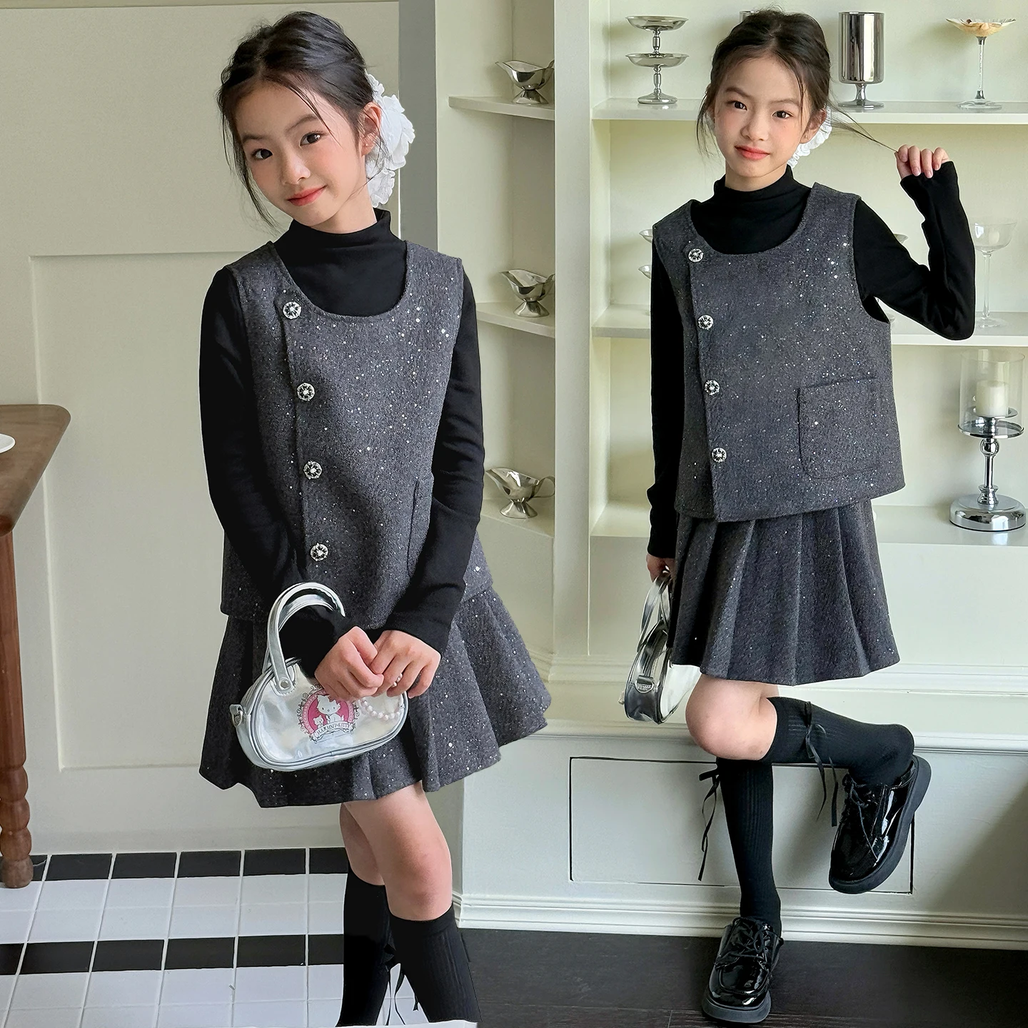 

Модный серебристый комплект для девочек с блестками, осень 2025, новинка, комплект из двух предметов для средней школы, повседневная детская одежда