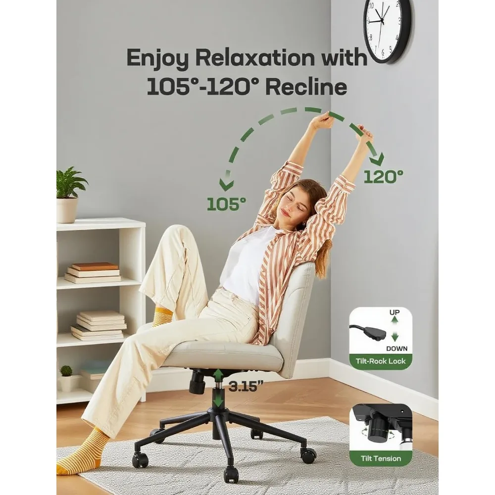 Cadeira de mesa giratória de altura ajustável com rodas, cadeira de escritório larga sem braços de couro PU, design de pernas cruzadas