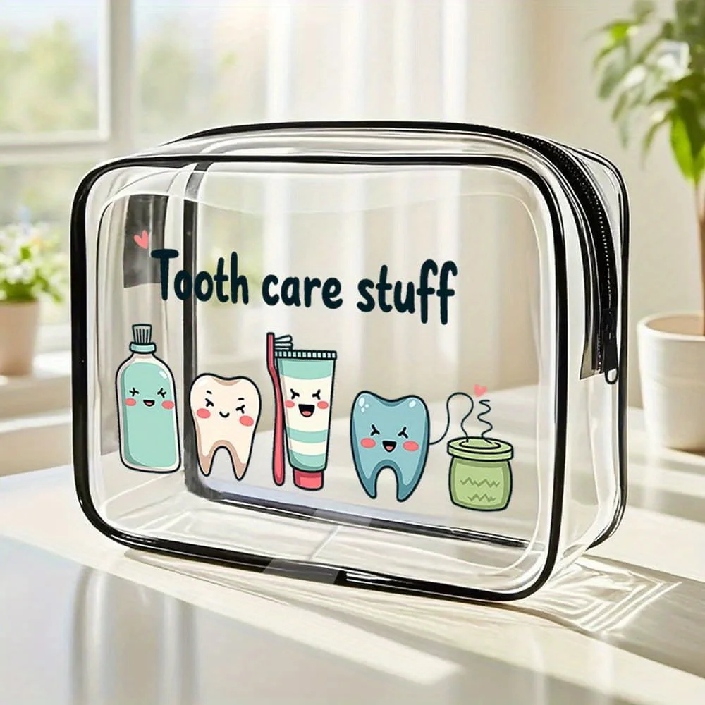 

Cute Tooth Care Themed Cosmetic Bag for Women - Clear Travel Toiletry Bag with Adorable Dental Illustrations for Women Travel