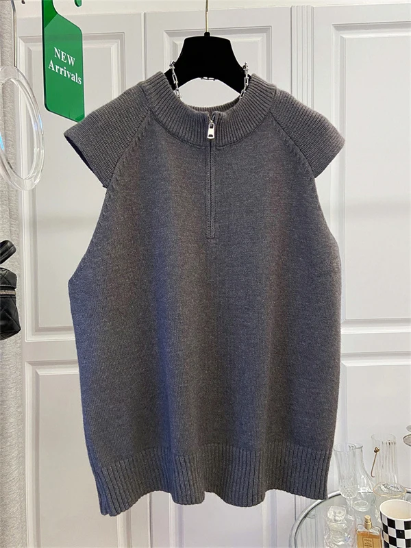 Authentic Grey Knitted Vest Women's Sleeveless Sweater Vest Versatile Autumn Winter New Style Polyester Cotton Blend Inner Wear