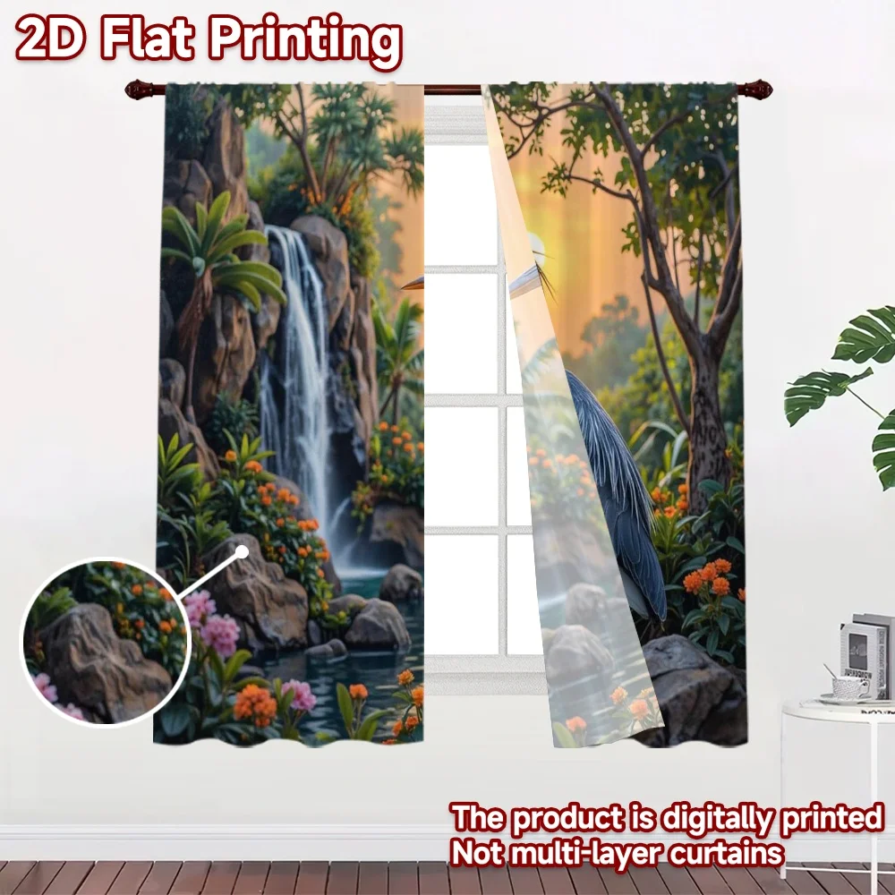 2D flat 2pcs Curtain Modern Minimalist Style Heron by Waterfall Sunset Digitally printed polyester, colorfast Family Party