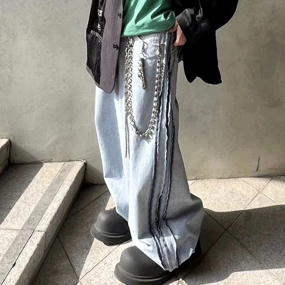 بنطلون جينز فضفاض غير رسمي بأرجل واسعة للرجال ملابس الشارع مخططة ومغسولة ومرقعة جينز فضفاض كبير الحجم #5