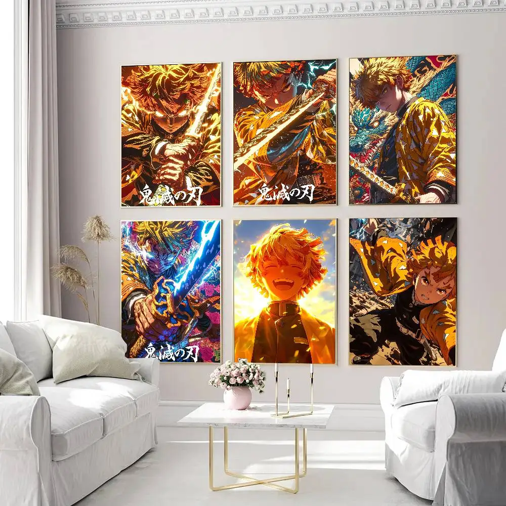 Anime D-Demon S-Slayer Agatsuma Zenitsu Poster Self-adhesive Art Waterproof Paper Sticker Coffee House Bar Room Wall Decor