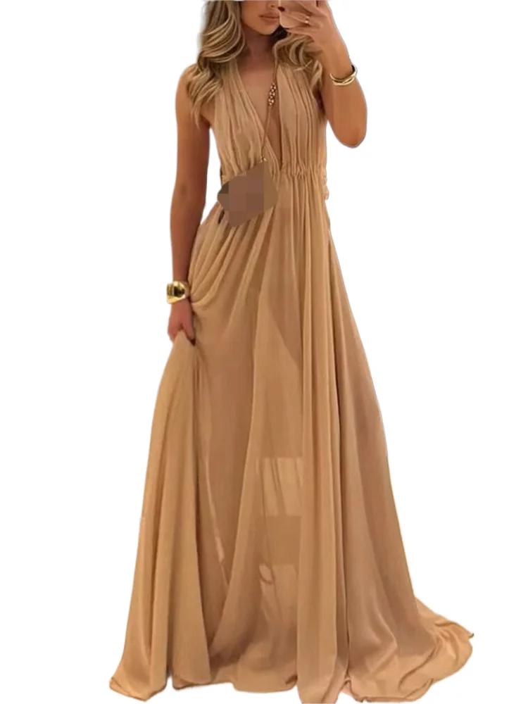 

Pleated Hanging Neck Backless Long Dress For Summer New Sexy Sleeveless Deep V-neck Long Evening Dress For Women