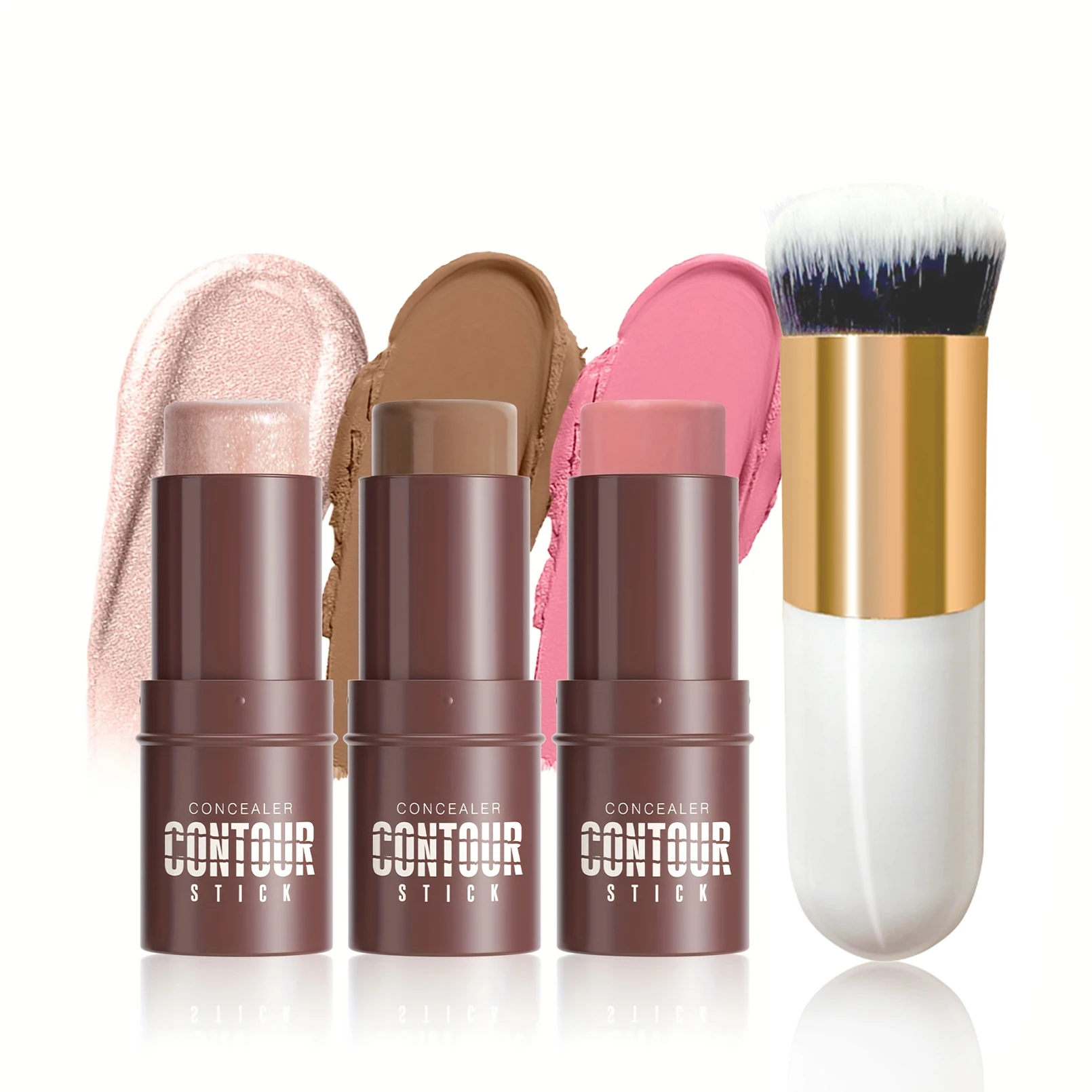 عصا كونتور، عصا أحمر الخدود، عصا هايلايتر، عصا برونزر، طقم كونتور كريمي 3 قطع مع فرشاة هدية مناسبة لعيد الميلاد