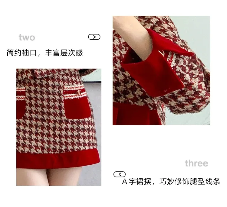 Houndstooth French Sweet Fall Winter Pink Tweed Two Piece Set Women O Neck Bowknot Single Breasted Short Coat + Mini Skirt Suit