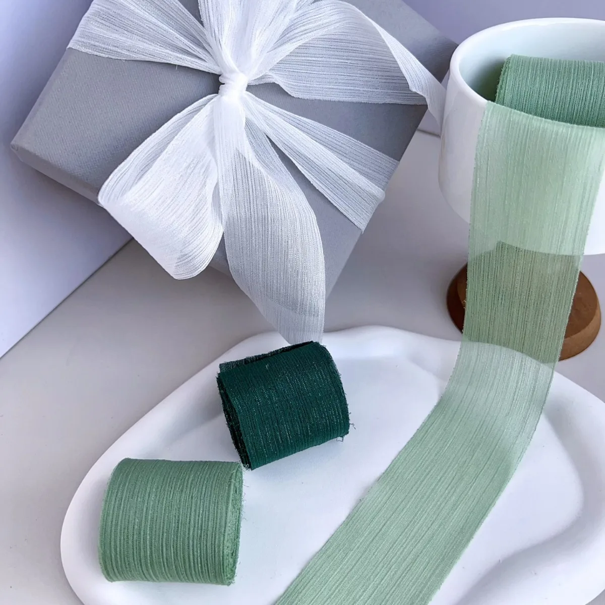 Ruban scintillant argenté en mousseline de soie, 4cm x 5m, accessoires en maille froissée, nœud froissé en soie brillante, paquet de fleurs, ruban en fil d'emballage