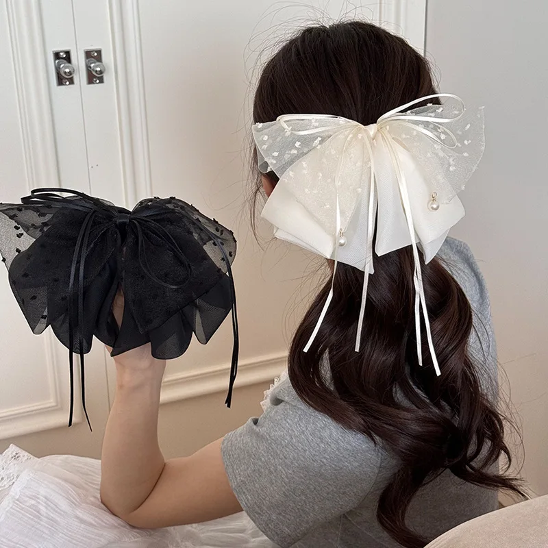 

Korean dot bow grab clip for girl women pearl hair accessories tie ponytail pin leading fashion ribbon Designer fascinator new.