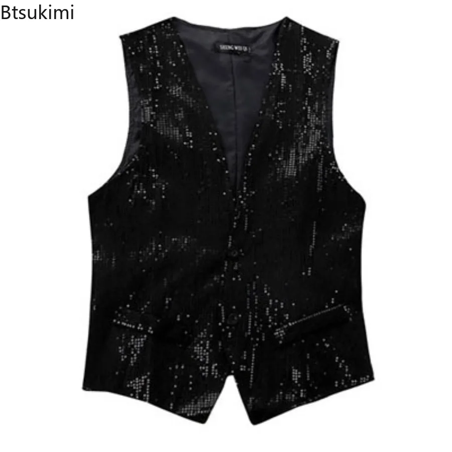 Sparkling Sequin Vests New Men's Sleeveless Single Breasted Waistcoats Jazz Dance Performance Costume Hip Hop Rave Party Clothes
