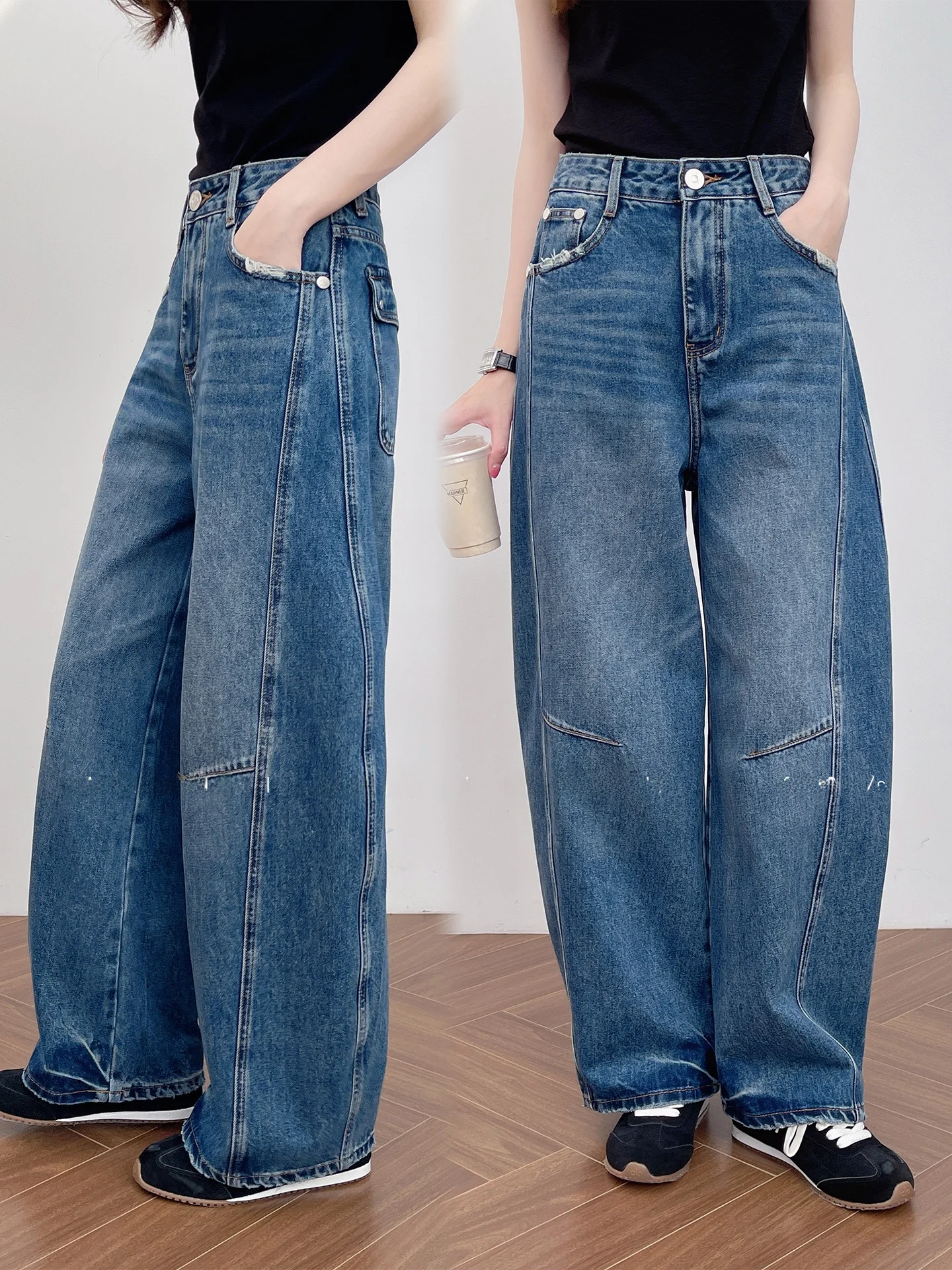

High Waist Wide Leg Knife Washed Denim Jeans Women's Cut out Back Flip Cover Jeans Cotton Tear Hole Spring Fashion