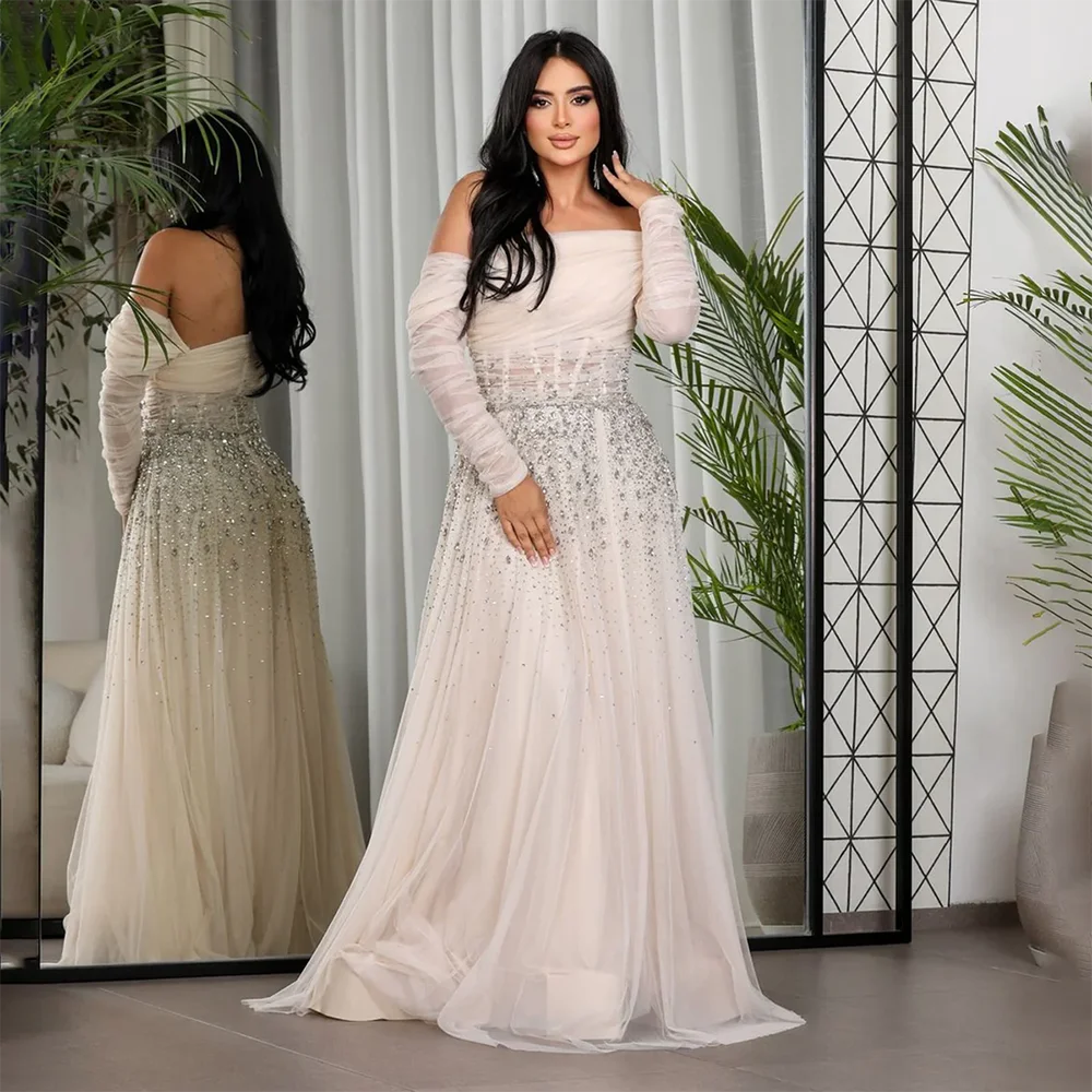 Vestido de noche de cristal de lujo con hombros descubiertos, manga larga, vestido de noche azul real, línea A, tul, largo hasta el suelo, vestidos de graduación personalizados