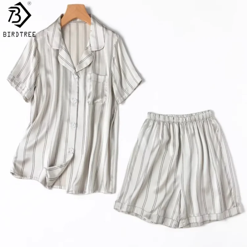 

BirdTree, 21MM 100% Silk Pajamas Set, Women's Plain Satin Shirt Shorts, Elegant Lapel Stripe Homewear, 2026 Summer New S64502JF