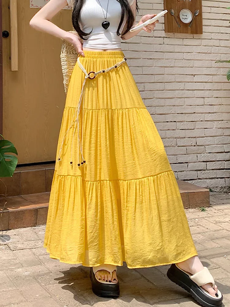 Jupe mi-longue d'été Boho en coton et lin : jupe longue plissée trapèze fluide avec coupe amincissante et design qui cache les hanches pour les vacances du resort
