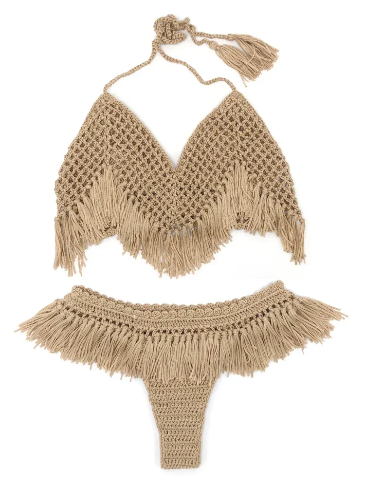 Women Crochet Bikini Set Handmade Boho Thong Bikini  2 Pieces Swimwear With Tassels Adjustable Beach Vacation