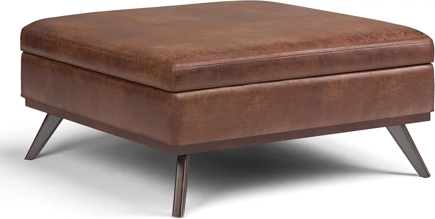 

Mid Century Modern Large Square Coffee Table Lift Top Storage Ottoman in Upholstered Distressed Saddle Brown Faux Leather