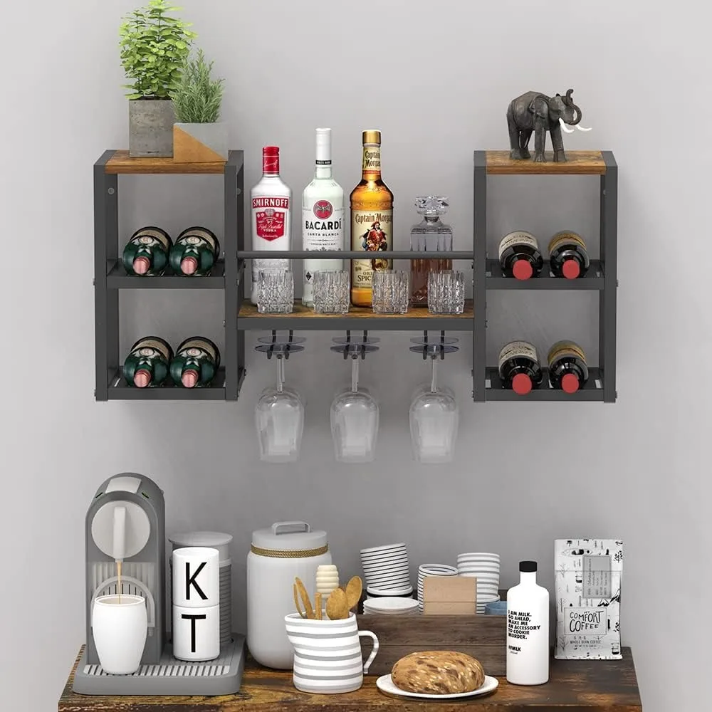 Industrial Brown Wall Mounted Wine Rack with 3 Steam Glass Holder Partial Wood Shelf Black Metal Bottle Holder Multi