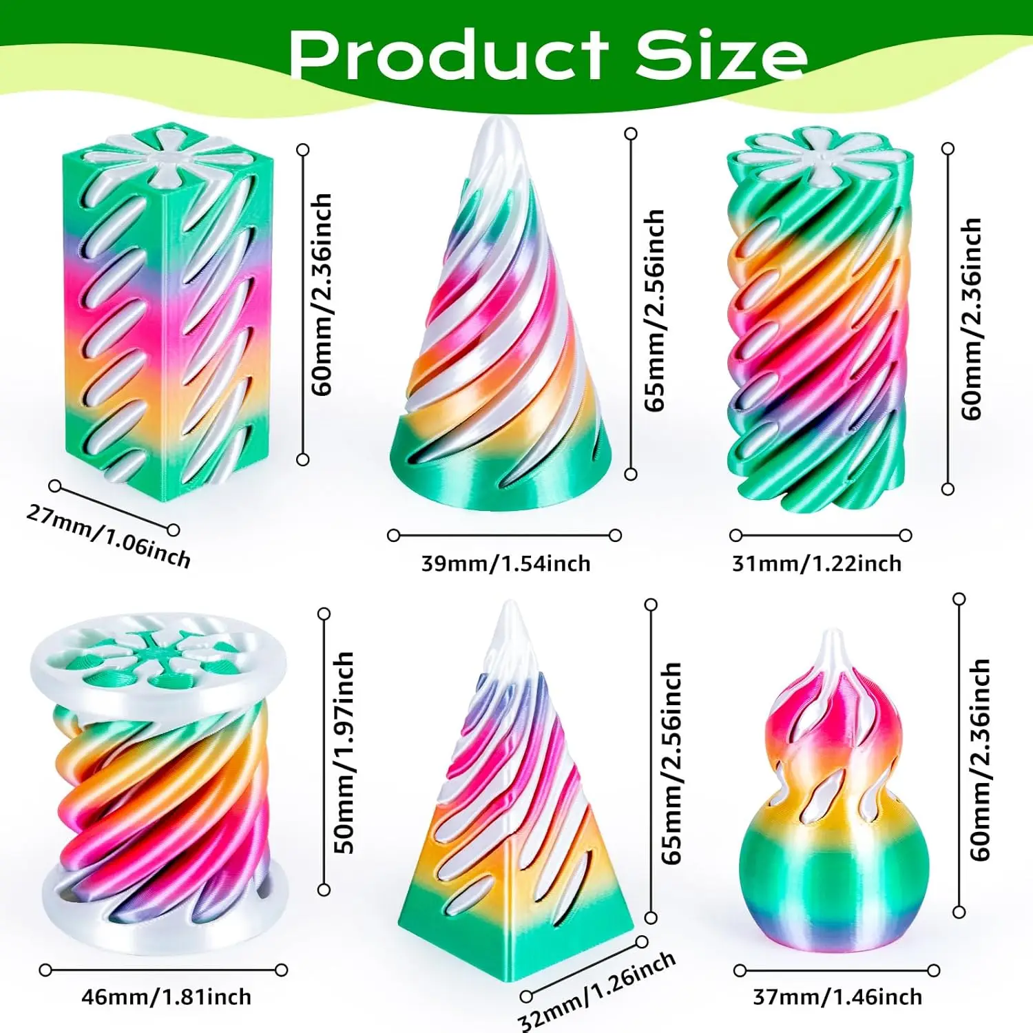 6 Pack Spiral Cone Fidget Toys 3D Printed Impossible Passthrough Pyramid Pillar Gourd Helix Screw Toys for Anxiety Relaxing